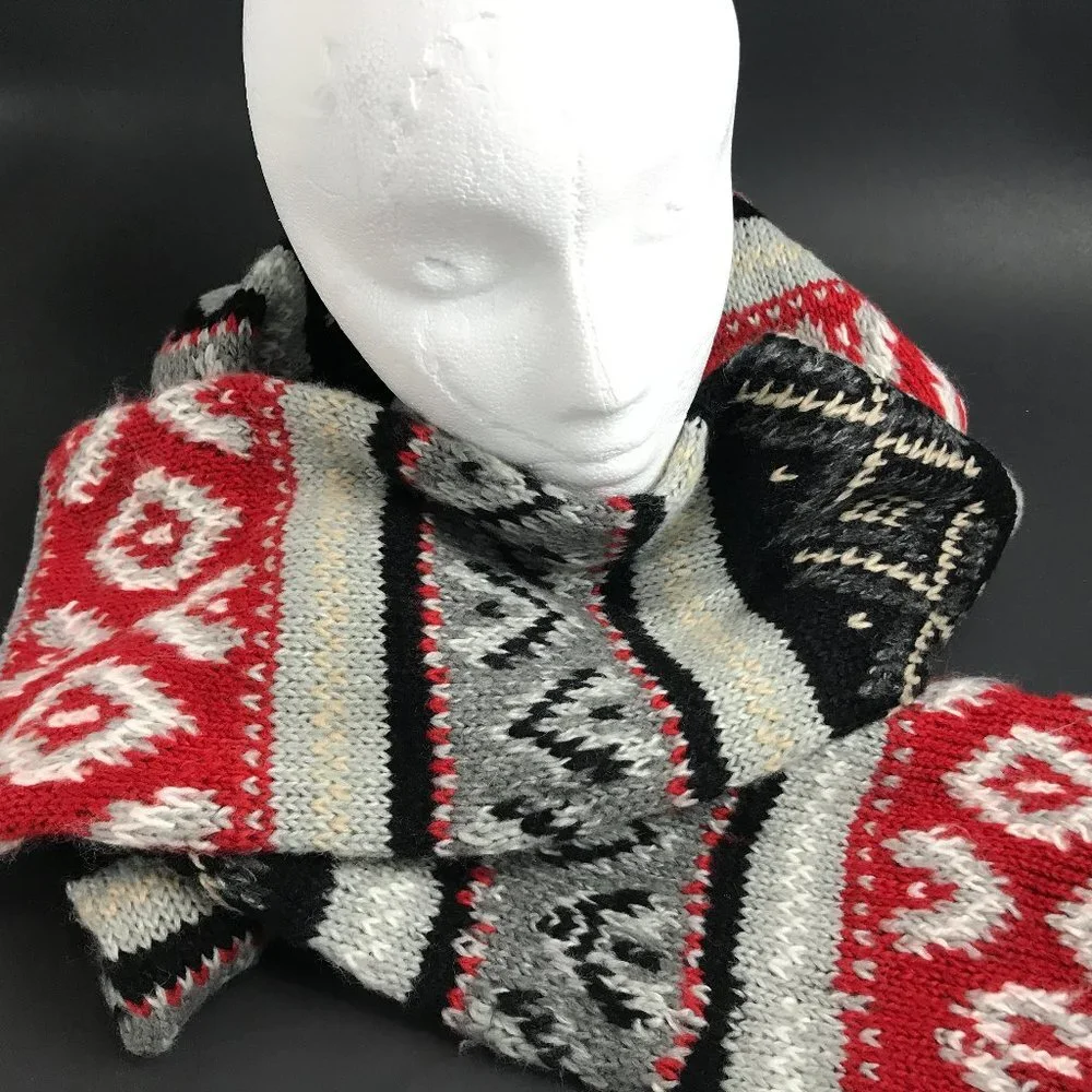 Native American inspired Knit Scarf, black/red/grey